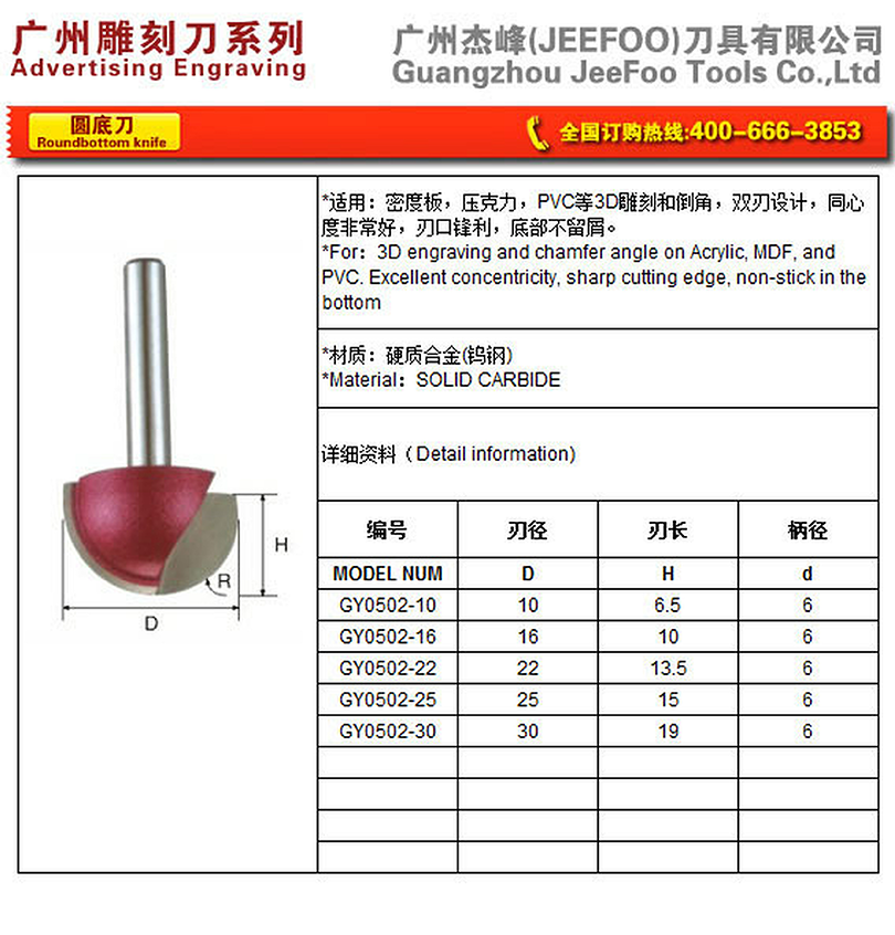 GY Round-Bottom Router Bit (GY 6 x 16) for Smooth Groove Profiles matching JEEFOO catalog page