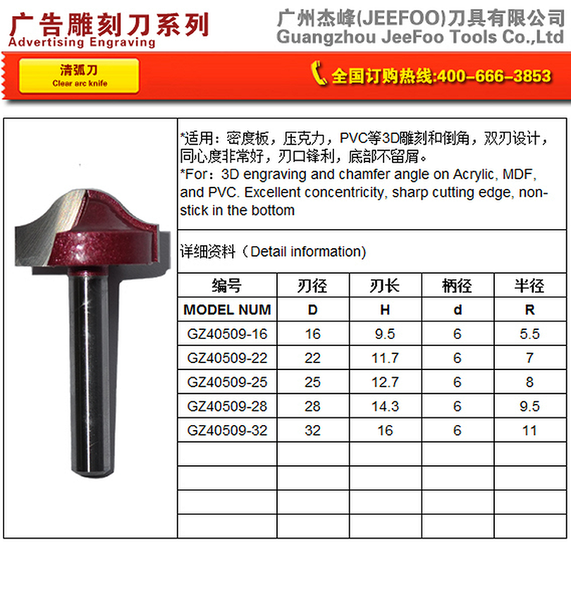 GZ Clear-Arc Router Bit (6 x 22) for Smooth Curved Recesses matching JEEFOO catalog page
