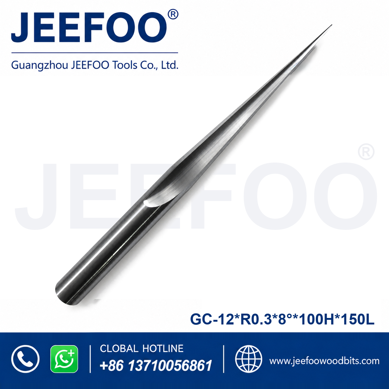 GC-12 x R0.3 x 8° x 100H x 150L Long-Reach Taper Ball End Mill for Fine Hardwood Relief