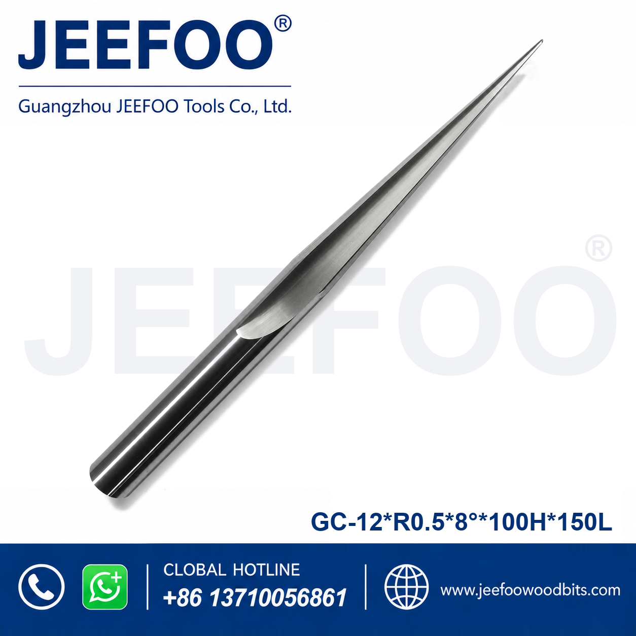 GC-12 x R0.5 x 8° x 100H x 150L Extended Taper Ball End Mill for Deep Wood Carving