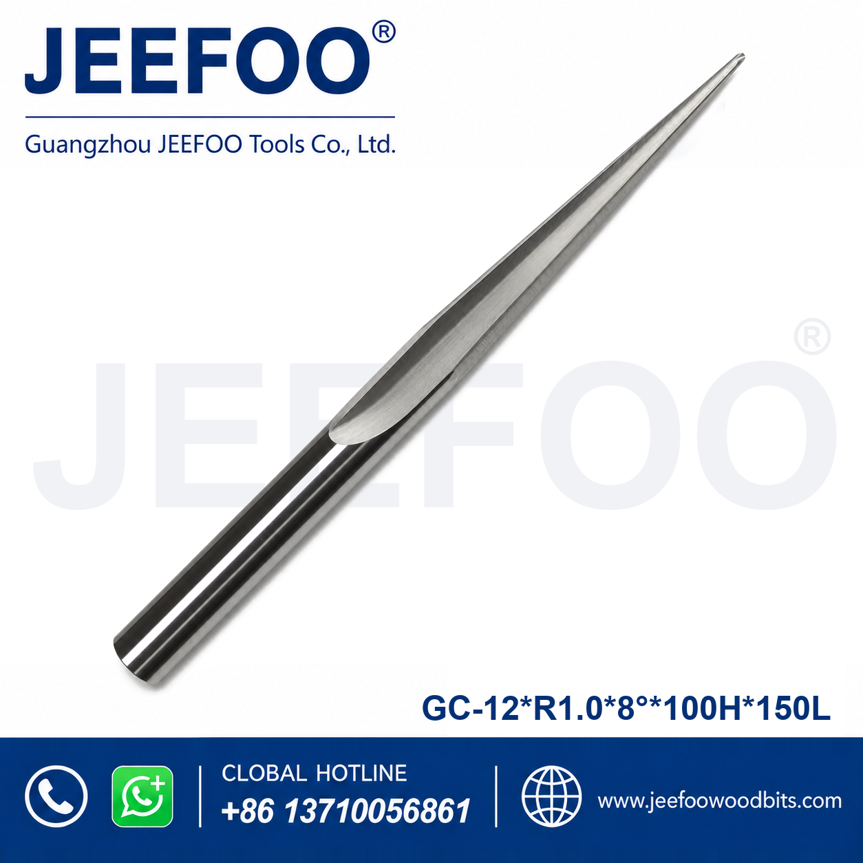 GC-12 x R1.0 x 8° x 100H x 150L Taper Ball-Nose Router for Deep Hardwood Relief
