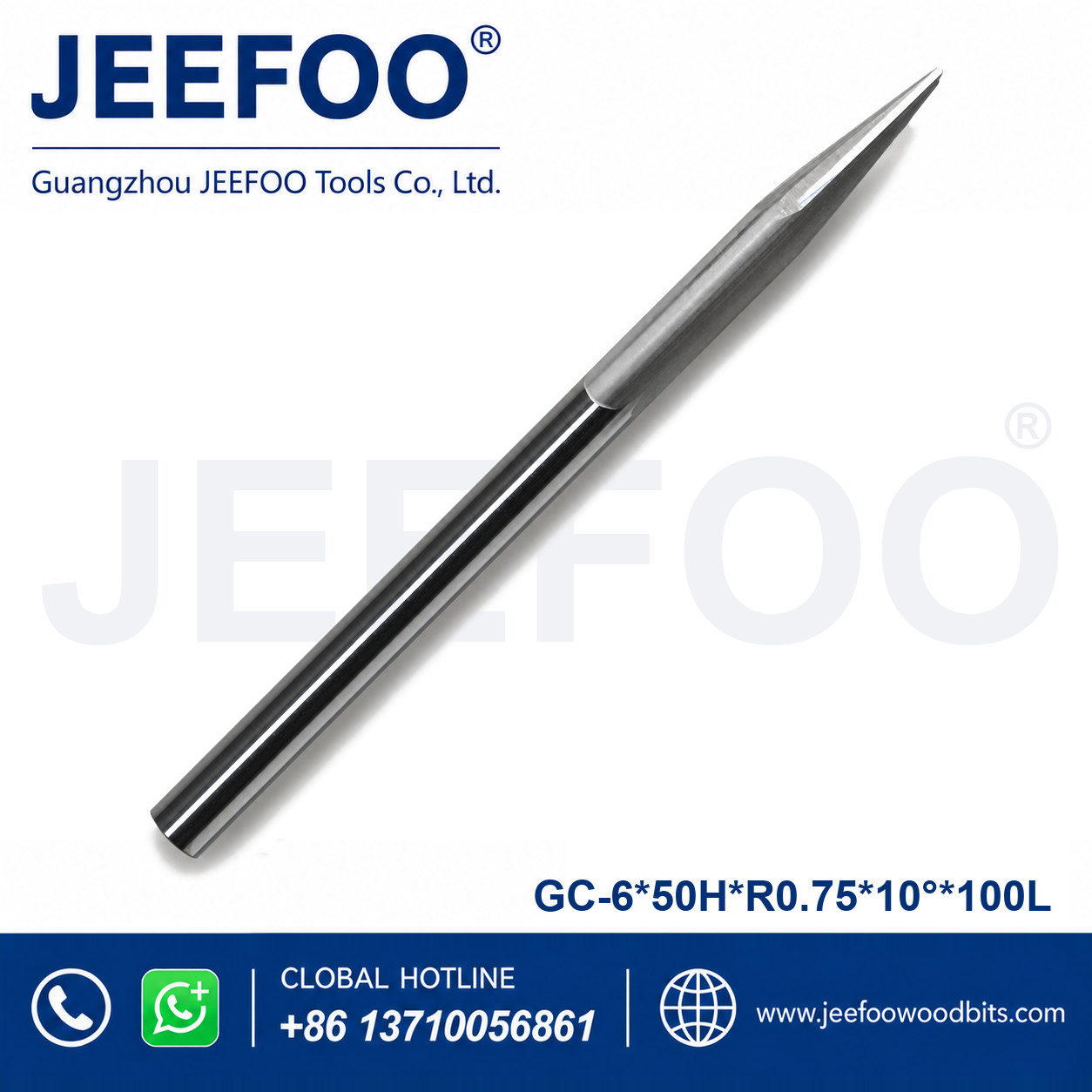 GC-6 x R0.75 x 10° x 50H x 100L Taper Ball End Mill for Deep 3D Wood Relief