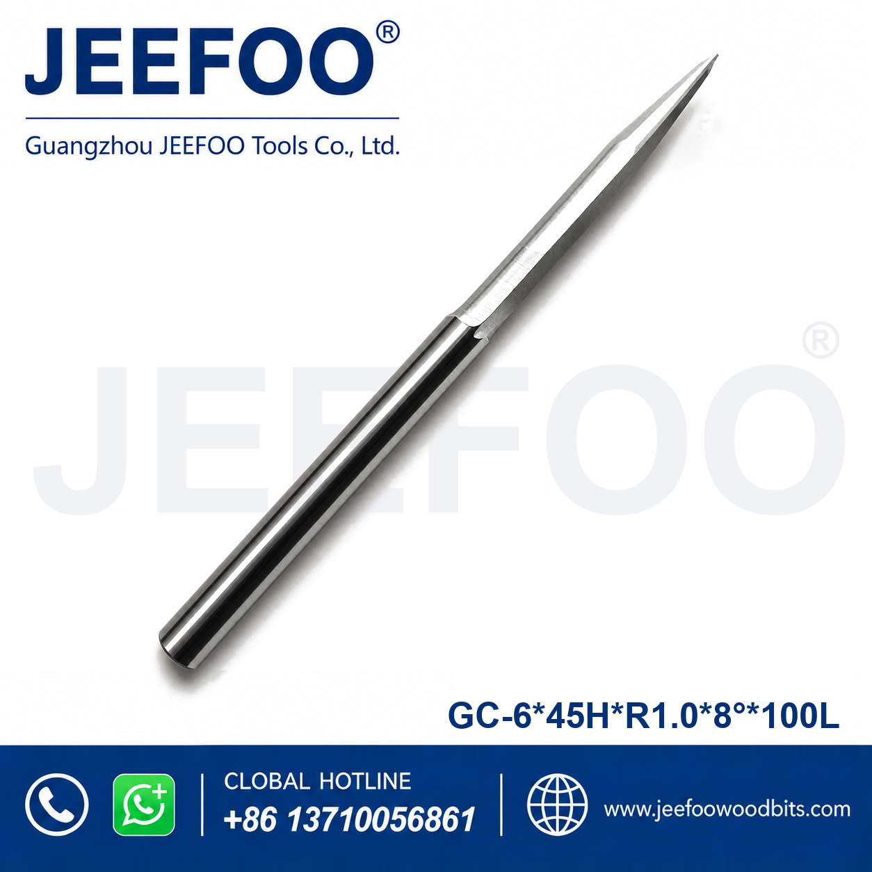 GC-6 x R1.0 x 8° x 45H x 100L Extended-Reach Taper Ball End Mill for Wood Relief