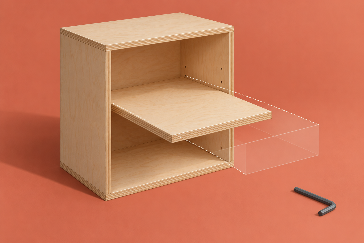 Original illustration of detachable furniture joints with an open wooden cabinet, a partly withdrawn shelf and an accessible service area