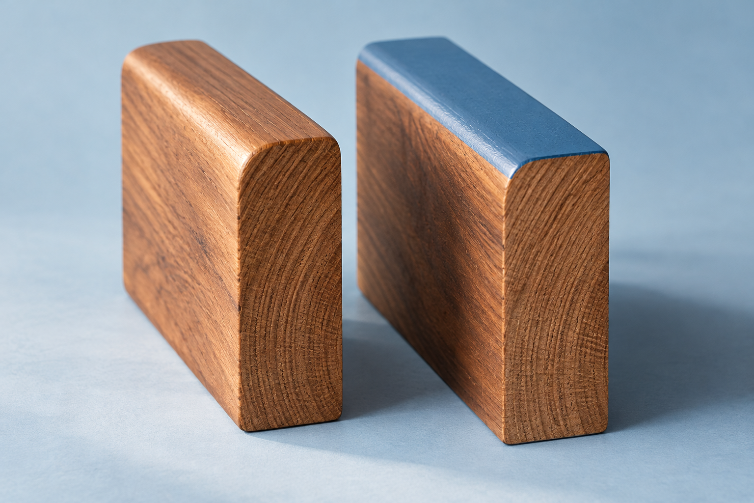 Modified wood concept: profiled timber sections with and without a thin blue surface coating
